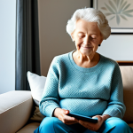A contented elderly woman in a modest, comfortable sweater and trousers, fully clothed, sitting peacefully in her bright, modern living room. Sunlight streams through a window, illuminating discreet smart home sensors on the wall and a tablet showing a secure home interface. She has a serene expression, reflecting peace of mind. Professional photography, soft, natural lighting, perfect anatomy, correct proportions, natural pose, well-formed hands, proper finger count, natural body proportions, safe for work, appropriate content, family-friendly.