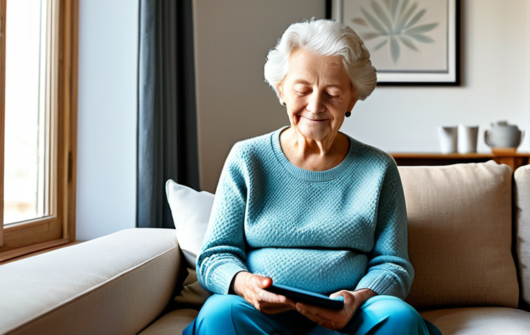 A contented elderly woman in a modest, comfortable sweater and trousers, fully clothed, sitting peacefully in her bright, modern living room. Sunlight streams through a window, illuminating discreet smart home sensors on the wall and a tablet showing a secure home interface. She has a serene expression, reflecting peace of mind. Professional photography, soft, natural lighting, perfect anatomy, correct proportions, natural pose, well-formed hands, proper finger count, natural body proportions, safe for work, appropriate content, family-friendly.