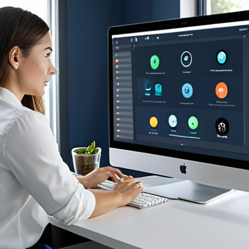 Home 14 A professional woman in a modest business casual outfit, sitting at a modern desk in a well-lit smart home office. She is looking at a tablet, which displays a secure network interface with privacy settings. The background shows a clean, organized home environment with subtle smart home devices, symbolizing data security and personal control. safe for work, appropriate content, fully clothed, professional, perfect anatomy, correct proportions, natural pose, well-formed hands, proper finger count, natural body proportions, high-resolution, detailed, realistic, professional photography.