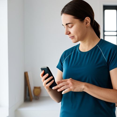 Home 7 A person, appearing to be in their early 30s, dressed in modest, professional activewear, standing in a bright, minimalist home studio. They are looking at a smartwatch on their wrist, which shows health data. Their expression is calm and insightful, indicating positive self-awareness and control over their well-being. The background is clean and uncluttered, with soft natural light, suggesting a peaceful environment. High-resolution, professional photography, soft ambient lighting. safe for work, appropriate content, fully clothed, modest clothing, perfect anatomy, correct proportions, natural pose, well-formed hands, proper finger count, natural body proportions, family-friendly.
