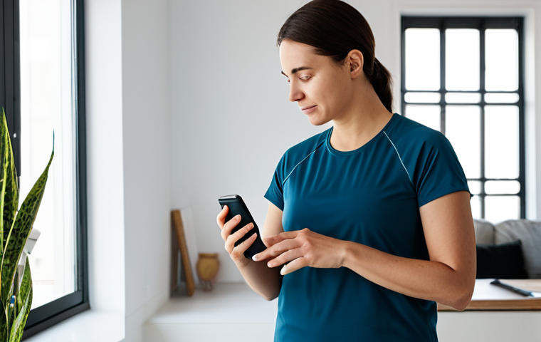 A person, appearing to be in their early 30s, dressed in modest, professional activewear, standing in a bright, minimalist home studio. They are looking at a smartwatch on their wrist, which shows health data. Their expression is calm and insightful, indicating positive self-awareness and control over their well-being. The background is clean and uncluttered, with soft natural light, suggesting a peaceful environment. High-resolution, professional photography, soft ambient lighting. safe for work, appropriate content, fully clothed, modest clothing, perfect anatomy, correct proportions, natural pose, well-formed hands, proper finger count, natural body proportions, family-friendly.