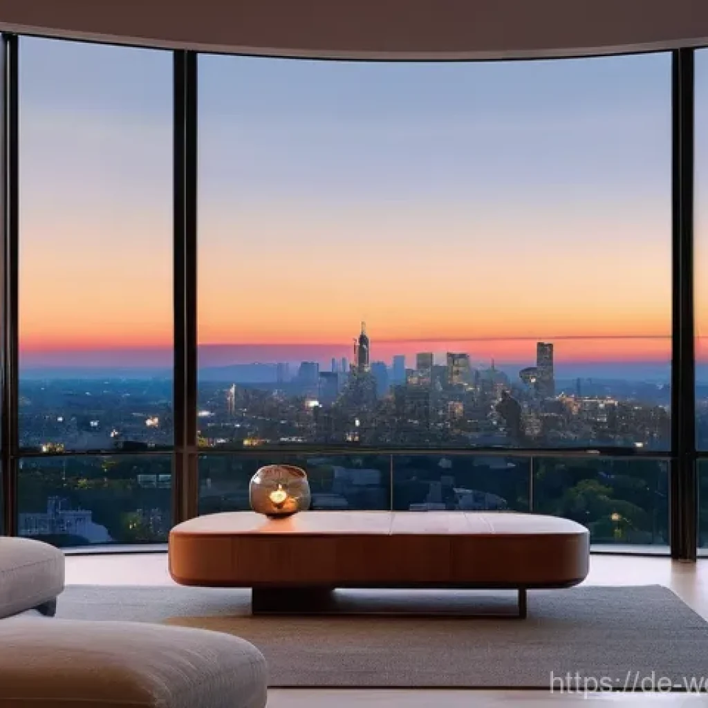 스마트홈에서의 정신적 안정과 안식처 - **Cozy Evening Relaxation in a Smart Home:** A serene and inviting living room at dusk. An adult, dr...