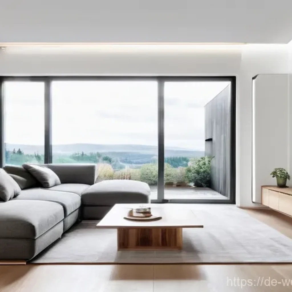 환경 친화적인 스마트홈 설계 방안 - **Smart Living Room for Energy Efficiency:**
    A modern, minimalist German living room bathed in s...