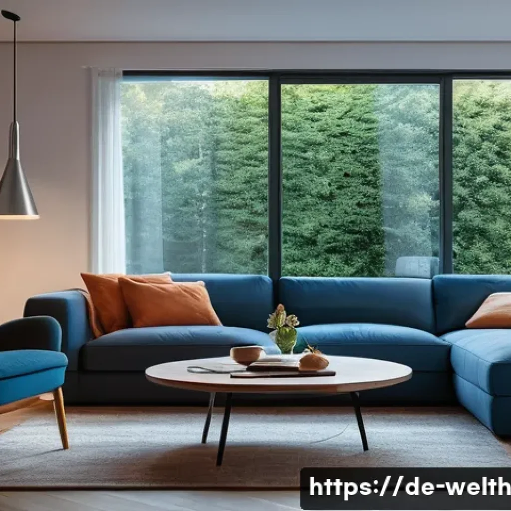 스마트홈 기술로 향상되는 정신 건강 관리 - A modern German living room softly illuminated by smart lighting that transitions from warm orange t...