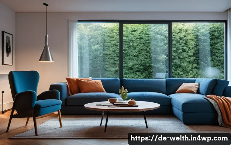 스마트홈 기술로 향상되는 정신 건강 관리 - A modern German living room softly illuminated by smart lighting that transitions from warm orange t...