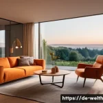 Home 22 스마트홈 기술로 실현하는 감정적 웰빙 - A cozy modern living room in a German apartment at dusk, featuring smart warm orange lighting softly...