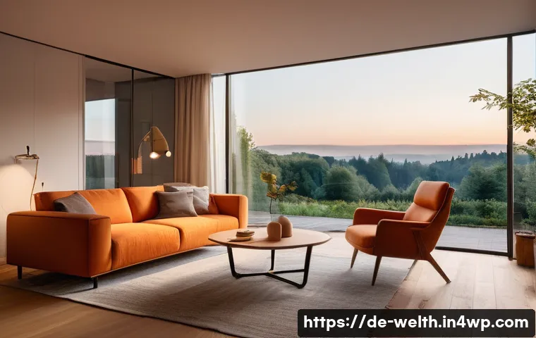 스마트홈 기술로 실현하는 감정적 웰빙 - A cozy modern living room in a German apartment at dusk, featuring smart warm orange lighting softly...