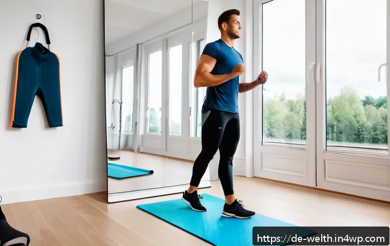 스마트홈 환경에서의 규칙적인 운동 방법 - A modern home gym scene in a bright, minimalist apartment in Germany, featuring a young adult wearin...