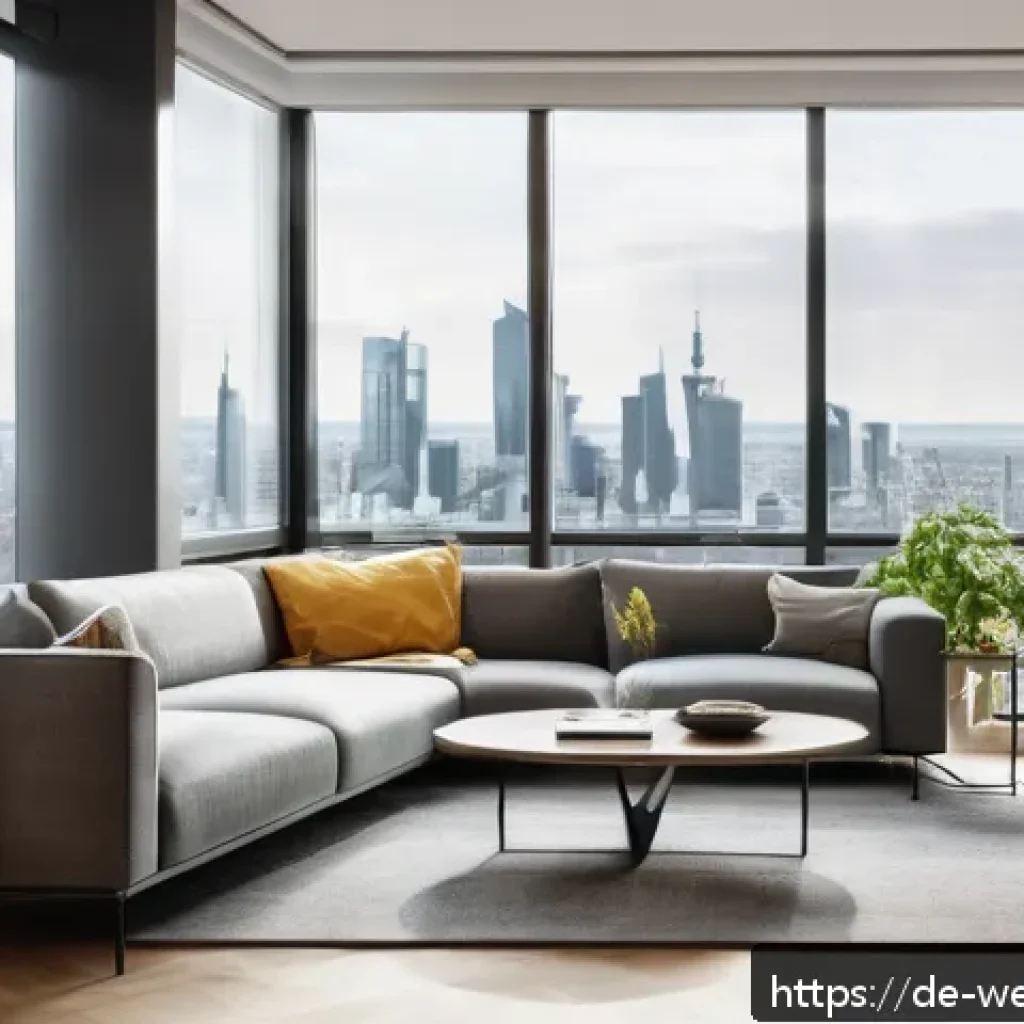 스마트홈의 최신 웰빙 기술 트렌드 - A modern urban apartment living room featuring a sleek smart air quality sensor prominently displaye...