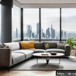 Home 19 스마트홈의 최신 웰빙 기술 트렌드 - A modern urban apartment living room featuring a sleek smart air quality sensor prominently displaye...