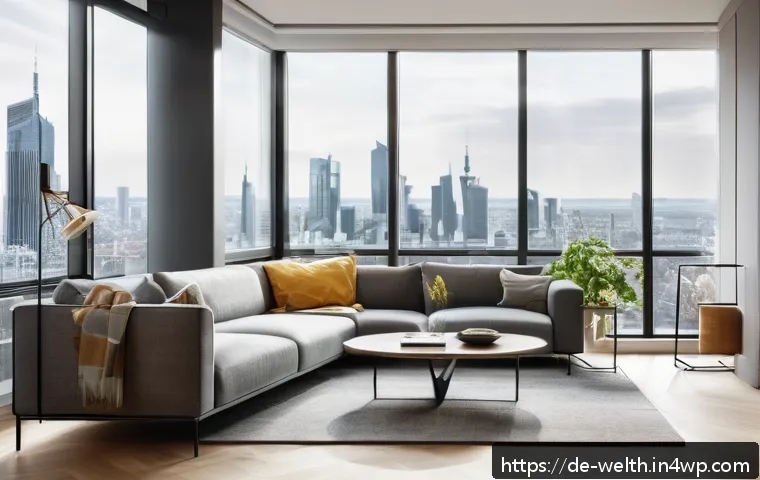 스마트홈의 최신 웰빙 기술 트렌드 - A modern urban apartment living room featuring a sleek smart air quality sensor prominently displaye...