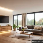 Home 18 스마트홈에서의 스트레스 해소 공간 조성 - A modern living room interior in a German apartment featuring dimmable LED smart lights with warm, s...