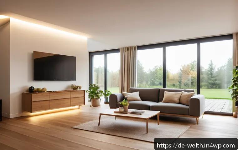 스마트홈에서의 스트레스 해소 공간 조성 - A modern living room interior in a German apartment featuring dimmable LED smart lights with warm, s...