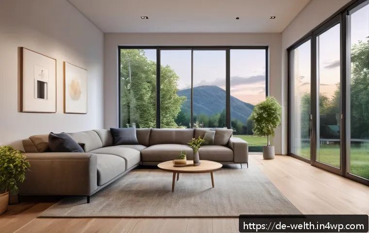 스마트홈 환경에서의 일과 삶의 균형 - A modern German living room at dusk with automated smart lighting softly illuminating the space as a...