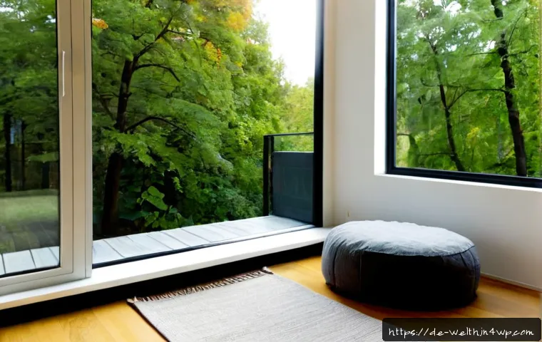 Home 17 스마트홈 환경에서의 명상 및 휴식 공간 조성 - Photorealistic modern German apartment meditation corner, a comfortable linen lounge chair beside a ...